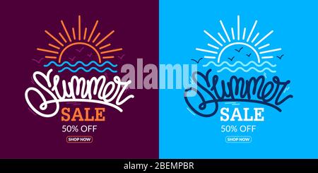 Mano scritta Word Summer sale Vector sfondo illustrazione. Il disegno del banner con uno sconto con sole e onde. Illustrazione tipografica come Illustrazione Vettoriale