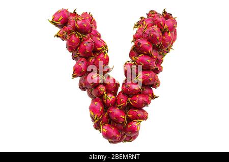 Lettera V da frutti drago, rendering 3D isolato su sfondo bianco Foto Stock