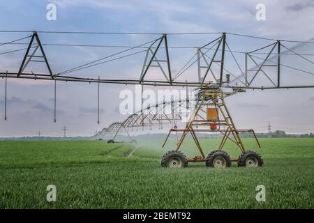 grande sistema di irrigazione su campo verde Foto Stock