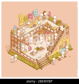 Fumetto isometrico libro caffè interno. progettazione isometrica 3d del punto vendita. Foto Stock