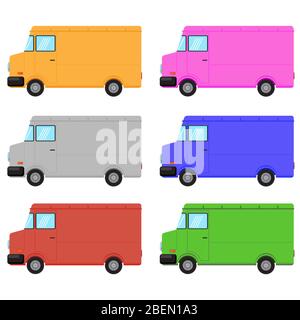 Set di camion colorati isolato su sfondo bianco Foto Stock