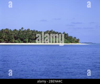 Isola tropicale dal mare, Isola di Kuda Bandos, Atollo di Kaafu, Repubblica delle Maldive Foto Stock
