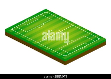 Campo di calcio isometrico 3D. Illustrazione vettoriale a tema sportivo, campo sportivo di calcio, stadio. Elemento di progettazione modificabile isolato per infografica, banner Illustrazione Vettoriale