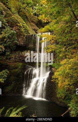 Doppio cade e autunno a colori. Silver Falls State Park, Oregon Foto Stock