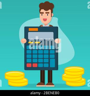 calcolatore di holding di businessman con moneta per l'illustrazione vettoriale di concetto di investimento Illustrazione Vettoriale