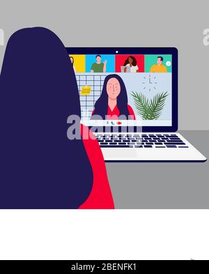 Videochiamata in conferenza online con colleghi che lavorano da casa Illustrazione Vettoriale