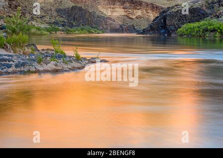 Luce serale che riflette le pareti del Grand Canyon nel fiume Colorado al campo del Blacktail Canyon, al Parco Nazionale del Grand Canyon, Arizona, Stati Uniti Foto Stock