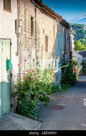 Strada in un villaggio in Provenza con vecchie case Foto Stock