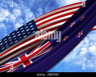 Bandiera dell'America con bandiera della Nuova Zelanda sullo sfondo del cielo Foto Stock