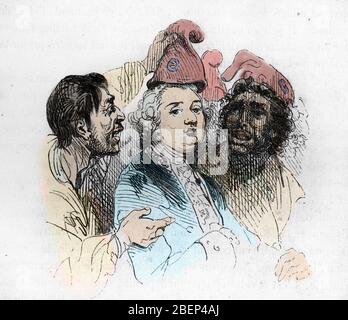 Revolution francaise : le roi Louis XVI coiffe du bonnet phrygien par deux hommes du peuple, le 20/06/1792 lors de l'invilion du palais des Tuileries Foto Stock