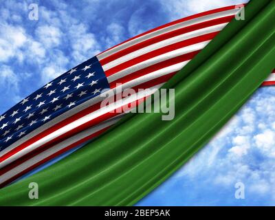 Bandiera d'America con bandiera libica su sfondo cielo Foto Stock