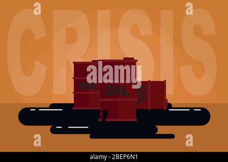 Crisi petrolifera. Fuoriuscita di petrolio dalle barili danneggiate e testo di crisi. Moderno vettore disegnato a mano in stile piatto. Crollo del prezzo del petrolio, calo più grande. Economia mondiale Illustrazione Vettoriale