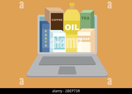 Fai acquisti online da casa. Ordine di prodotti per laptop e alimentari per la consegna. Shopping cibo online. Vettore disegnato a mano in semplice stile piatto. Isolamento a casa. Illustrazione Vettoriale