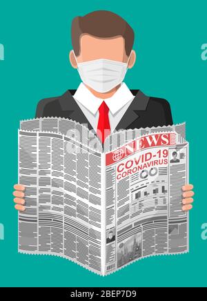 Uomo in maschera medica legge notizie del mondo del giornale circa il co-19 coronavirus ncov. Pagine con titoli, immagini, citazioni, testi e articoli vari. Media, giornalismo e stampa. Illustrazione vettoriale piatta Illustrazione Vettoriale