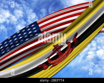 Bandiera d'America con bandiera Brunei su sfondo cielo Foto Stock