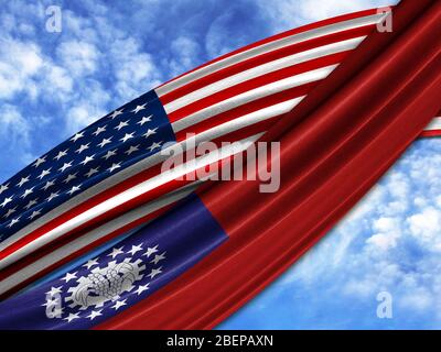Bandiera dell'America con bandiera Myanmar Birmania sullo sfondo del cielo Foto Stock