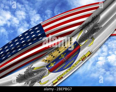 Bandiera d'America con bandiera di San Barthelemy sullo sfondo del cielo Foto Stock