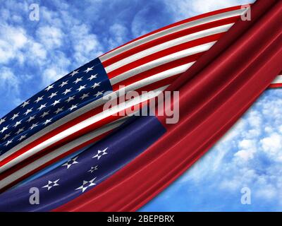 Bandiera d'America con bandiera Samoa sullo sfondo del cielo Foto Stock