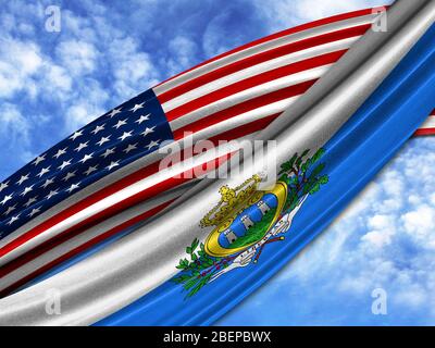 Bandiera d'America con bandiera sammarinese sullo sfondo del cielo Foto Stock