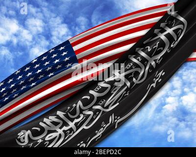 Bandiera d'America con al Nusra bandiera anteriore su sfondo cielo Foto Stock