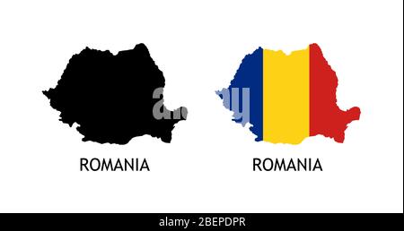 Silhouette di Romania colore nero e colorato in Bandiera Nazionale - illustrazioni vettoriali isolato su bianco Illustrazione Vettoriale