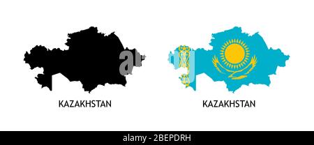 Silhouette di colore nero Kazakhstanon e colorato in Bandiera Nazionale - illustrazioni vettoriali isolato su bianco Illustrazione Vettoriale