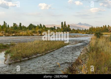 Chu River, confine statale tra Kazakistan e Kirghizistan. Vista dal lato del Kirghizistan. Foto Stock