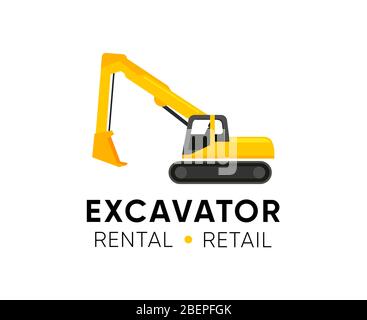 Modello logo escavatore con Title Company e Tagline. Illustrazione con escavatore giallo per i veicoli per negozi, noleggi o riparazioni. Illustrazione Vettoriale