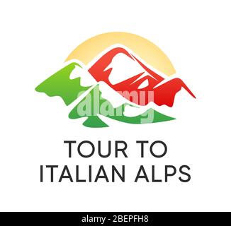 Emblema delle Alpi Italiane - Logo per il viaggio alle montagne alpine in Italia. Vector Sign con le Montagne a colori della bandiera nazionale italiana su sfondo bianco gr Illustrazione Vettoriale