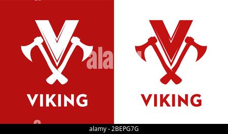 Logo Viking - emblema vettoriale in rosso isolato su sfondo bianco e rosso. Design di stile con assi incrociati e lettera V. Illustrazione Vettoriale