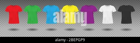 Set di mockup t-shirt dai colori realistici. Abiti da uomo t shirt rossi, verdi e blu. Modello sportivo in diversi colori isolato. Illustrazione vettoriale Illustrazione Vettoriale