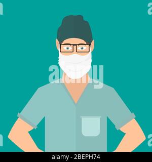 Giovane medico maschile bianco. Un ragazzo in una maschera medica. Un medico tratta le persone per il coronavirus. Illustrazione vettoriale su sfondo verde Illustrazione Vettoriale