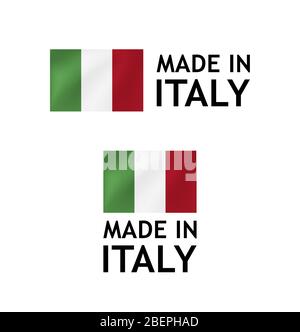 Etichetta Made in Italy, modello di etichetta vettoriale con bandiera italiana isolato su bianco. Illustrazione Vettoriale