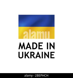 Etichetta Made in Ukraine, modello di tag vettoriale con bandiera Ucraina isolato su bianco. Illustrazione Vettoriale