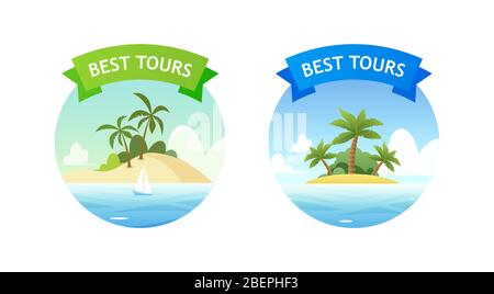 Emblema turistico con spiaggia tropicale per vacanze o vacanze estive. Set di emblemi Vector Design per distintivi, poster, T-shirt. Vacanza in spiaggia, festa, Illustrazione Vettoriale