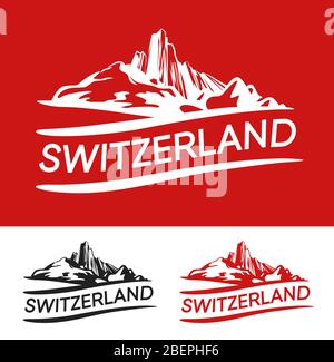 Svizzera Vector Blazon colore bianco, rosso e nero. Emblema con le Alpi svizzere e didascalia. Illustrazione Vettoriale