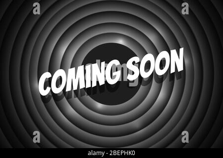 Presto disponibile un titolo in stile fumetto su sfondo a cerchio nero. Schermata di annuncio della promozione del vecchio film cinematografico. Immagine del modello del poster del poster del vettore retro della scena pubblicitaria del noir Illustrazione Vettoriale