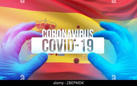 Concetto medico di epidemia di Coronavirus pandemico COVID-19 con backgroung di bandiera nazionale d'onda della Spagna. Illustrazione 3D pandemica. Foto Stock