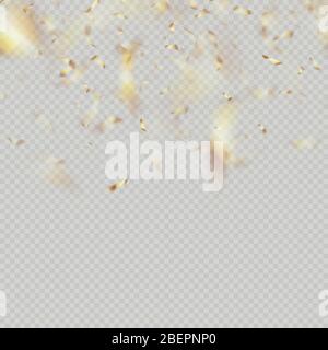 Confetti dorati lucidi su sfondo trasparente. Natale, strato di effetto banner festa. Vacanza elemento di tinsel decorativo. EPS 10 Illustrazione Vettoriale