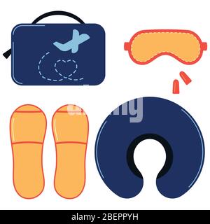 Maschera per dormire, tappi per le orecchie, ciabattine monouso, cuscino da viaggio per il collo, borsa organizer icona vettoriale isolato su sfondo bianco. Illustrazione Vettoriale