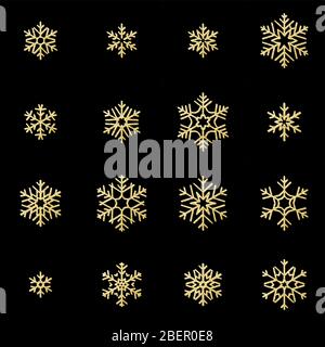 Set di sedici rampicanti fiocchi di neve dorati isolati su sfondo nero. Nuovo anno e biglietto di Natale oggetto di decorazione scintillante. EPS 10 Illustrazione Vettoriale