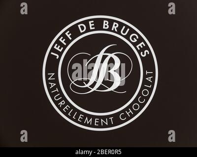 Jeff de Bruges cioccolaterie logo. Jeff de Bruges è un marchio di pasticceria e il marchio di un'azienda del settore alimentare la cui sede centrale è loc Foto Stock