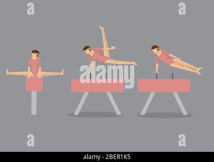 Donna ginnastica in leotard rosa facendo ginnastica aggraziata si muove su pommel e volta. Set di tre icone vettoriali isolate su sfondo grigio Illustrazione Vettoriale