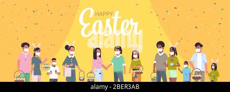 mix razza uomini donne che tengono cestini con uova persone che indossano maschera per prevenire coronavirus celebrare felice pasqua vacanze orizzontale ritratto illustrazione vettoriale Illustrazione Vettoriale