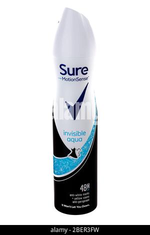 Deodorante sicuro, deodorante sicuro di movimento, deodorante sicuro invisibile Aqua, antitraspirante sicuro, lattina, lattina, deodorante, sicuro, antitraspirante, 48 ore Foto Stock