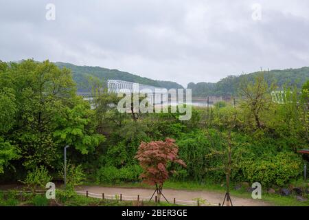 Vista della Corea del Nord da Imjingak Park, Corea del Sud. Foto Stock