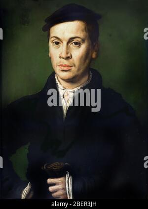 Uomo con Beret Nero in mano un paio di guanti 1535 Corneille de Lyon 1500 – 1575 Olandese, Paesi Bassi. Foto Stock