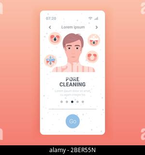 uomo pulizia pori pulizia viso procedura su viso intasato cura della pelle passi di trattamento smartphone schermo mobile app copy space ritratto illustrazione vettoriale Illustrazione Vettoriale