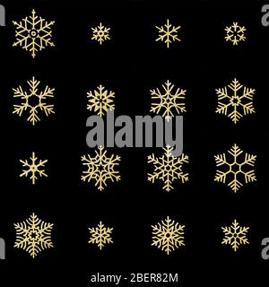 Set di sedici rampicanti fiocchi di neve dorati isolati su sfondo nero. Nuovo anno e biglietto di Natale oggetto di decorazione scintillante. EPS 10 Illustrazione Vettoriale