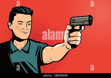 L'uomo spara la pistola. Illustrazione vettoriale di pop art a fumetti retrò Illustrazione Vettoriale